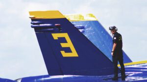 The US Navy Blue Angels arrive at the Vectren Dayton Air Show in Dayton, Ohio, on Thursday, June 26, 2014. (Andrea Nay)